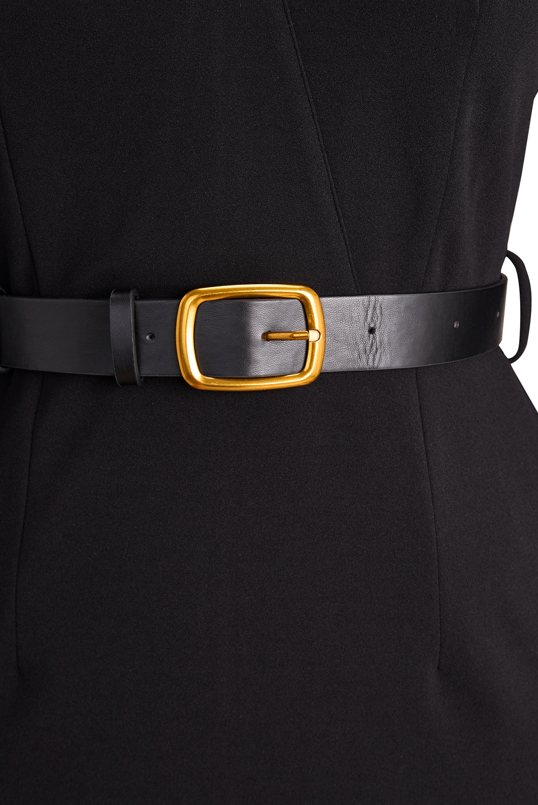 Refined Black Dress with Belt and Mandarin Collar