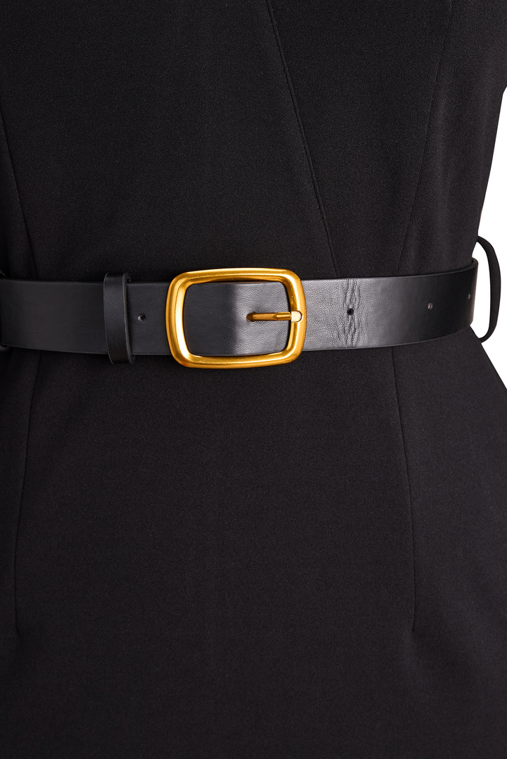 Refined Black Dress with Belt and Mandarin Collar