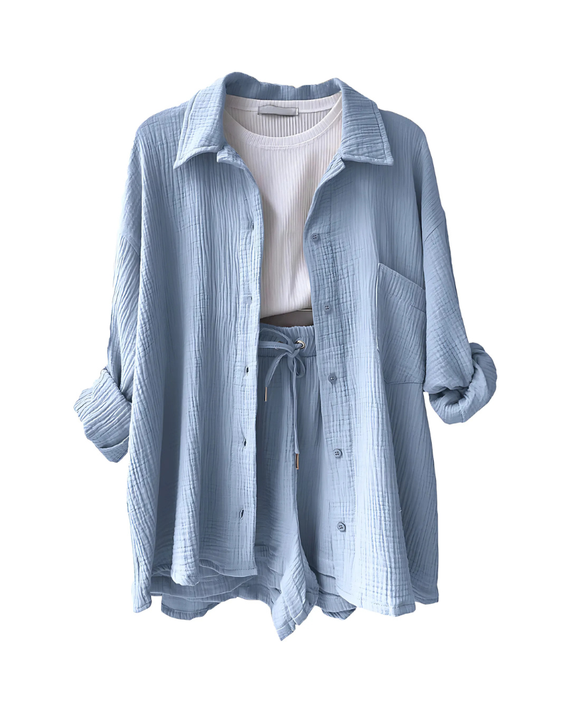 Maylee - Cotton Button-Up Shorts Set