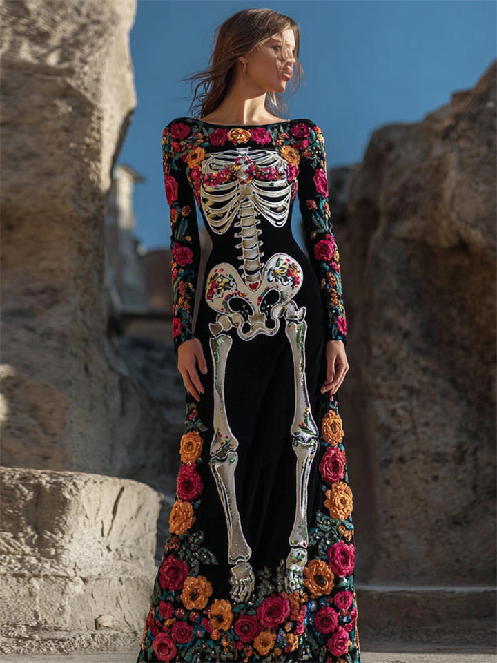 Day Of The Dead Sugar Skeleton Floral Embroidered Velvet Maxi Dress