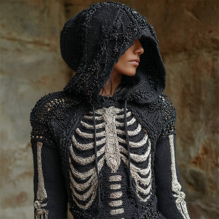 Vintage Gothic Skeleton Beaded Hooded Cozy Knit Sweater