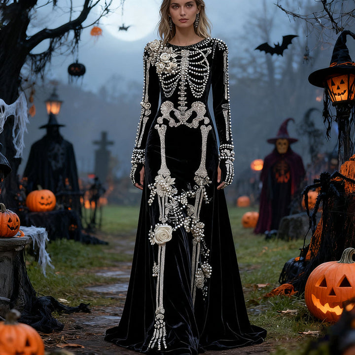 Women's Halloween Skull Floral Velvet Crew Neck Maxi Dress