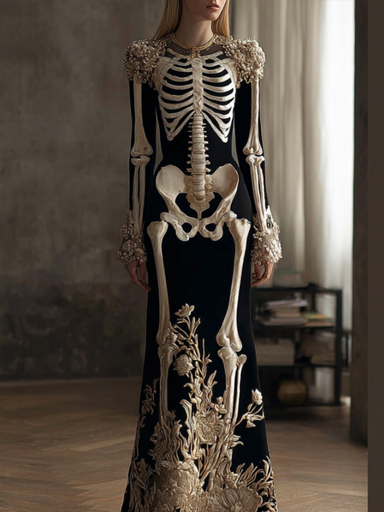 Women's Halloween Retro Anatomy Art And Flower Gothic Velvet Long Dress