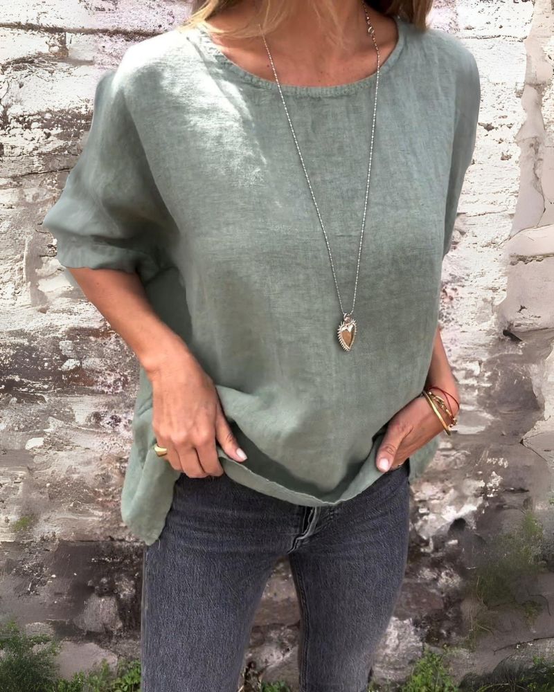 Amara - Casual Round Neck Cotton & Linen T-Shirt