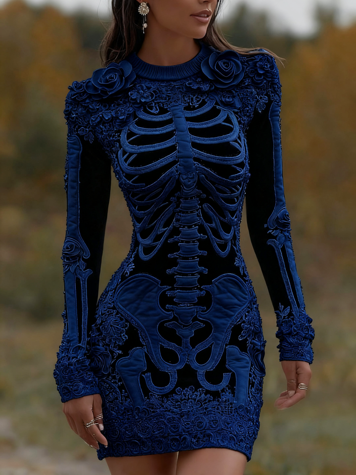 Women's Vintage Halloween Skeleton Bones With Rose Artcozy Knit Mini Sweater Dress