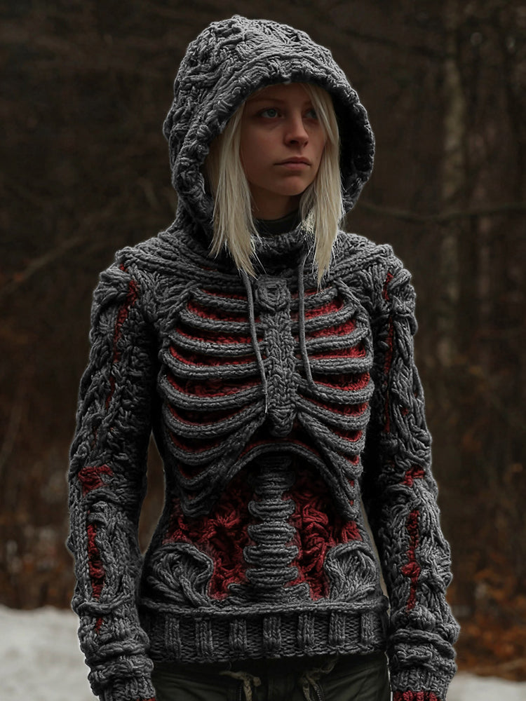 Women's Vintage White Skeleton Color Block Art Cozy Hooded Sweater