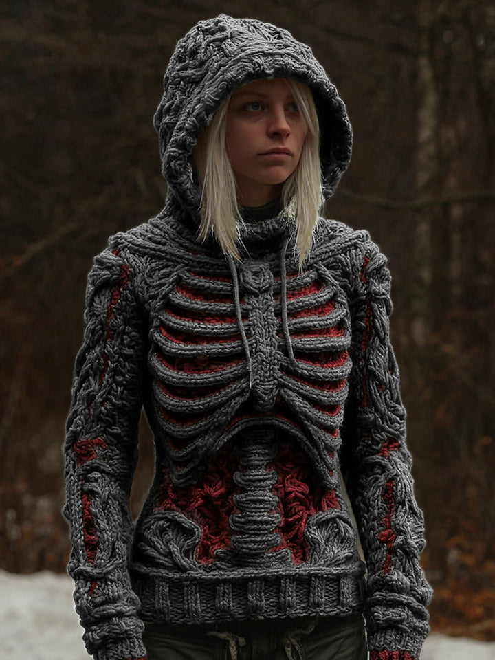 Women's Vintage White Skeleton Color Block Art Cozy Hooded Sweater