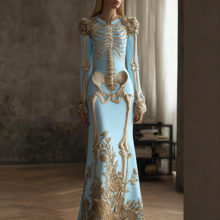 Women's Halloween Retro Anatomy Art And Flower Gothic Velvet Long Dress