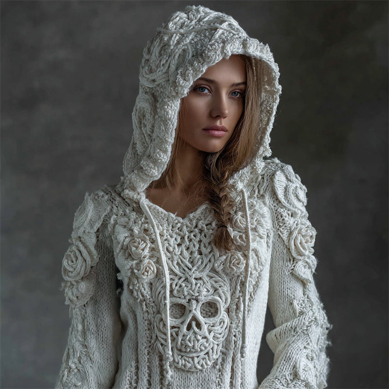 Vintage White Roses Viking Celtic Skull Hooded Cozy Knit Sweater