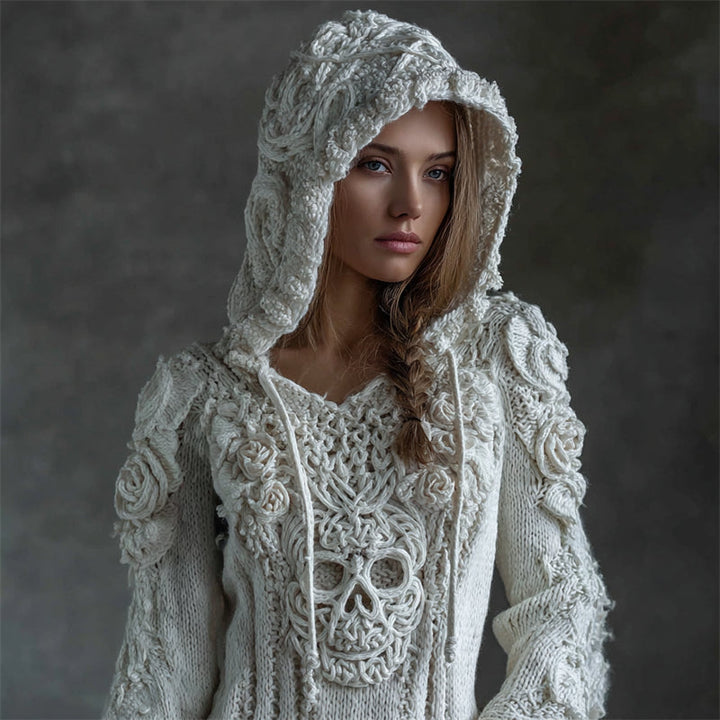 Vintage White Roses Viking Celtic Skull Hooded Cozy Knit Sweater