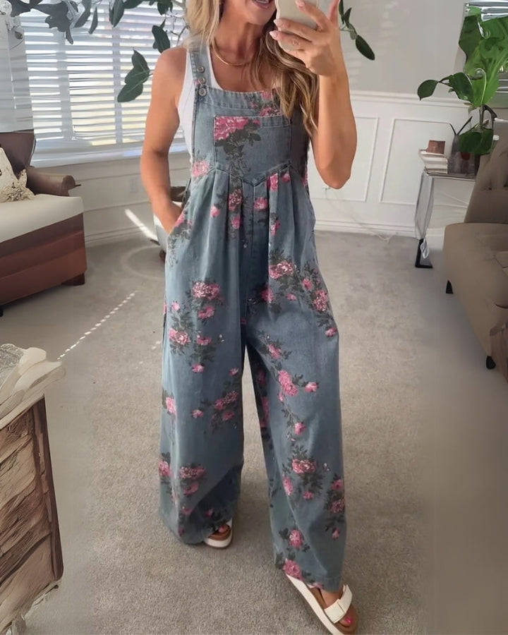 Quinnlyn - Casual Floral Printed Denim Overall