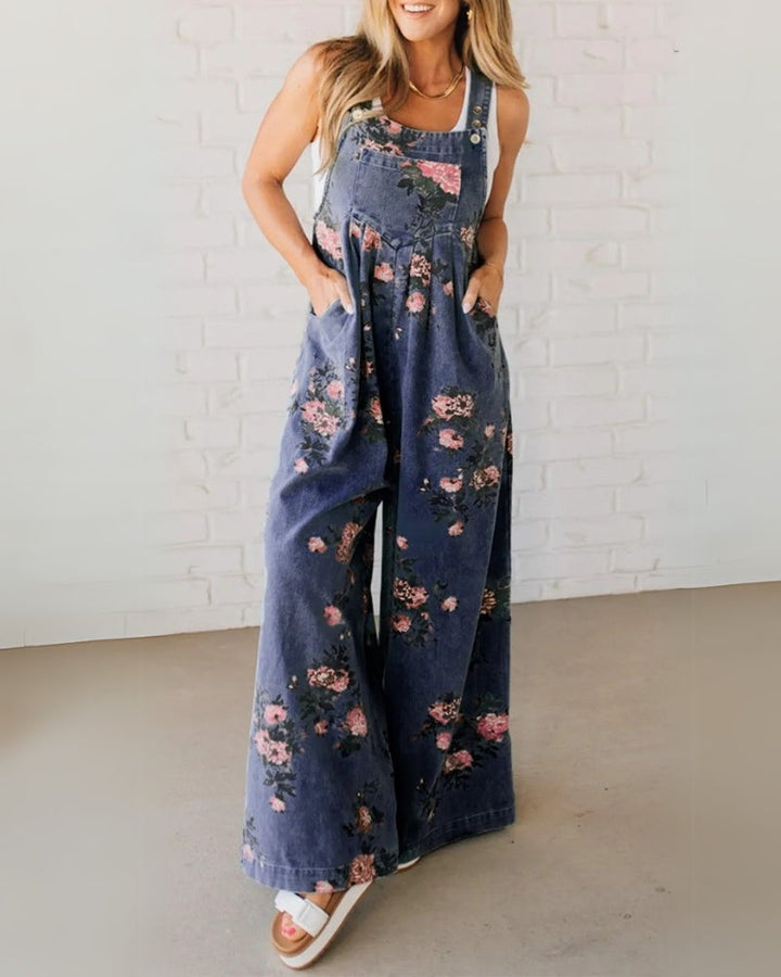 Quinnlyn - Casual Floral Printed Denim Overall