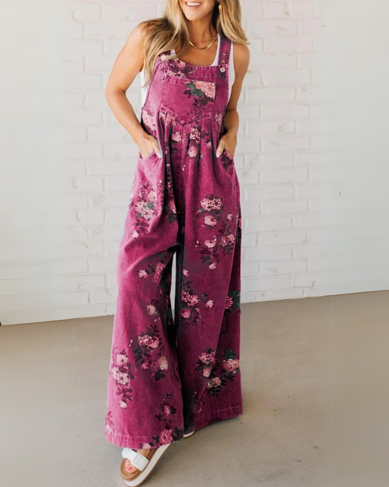 Quinnlyn - Casual Floral Printed Denim Overall