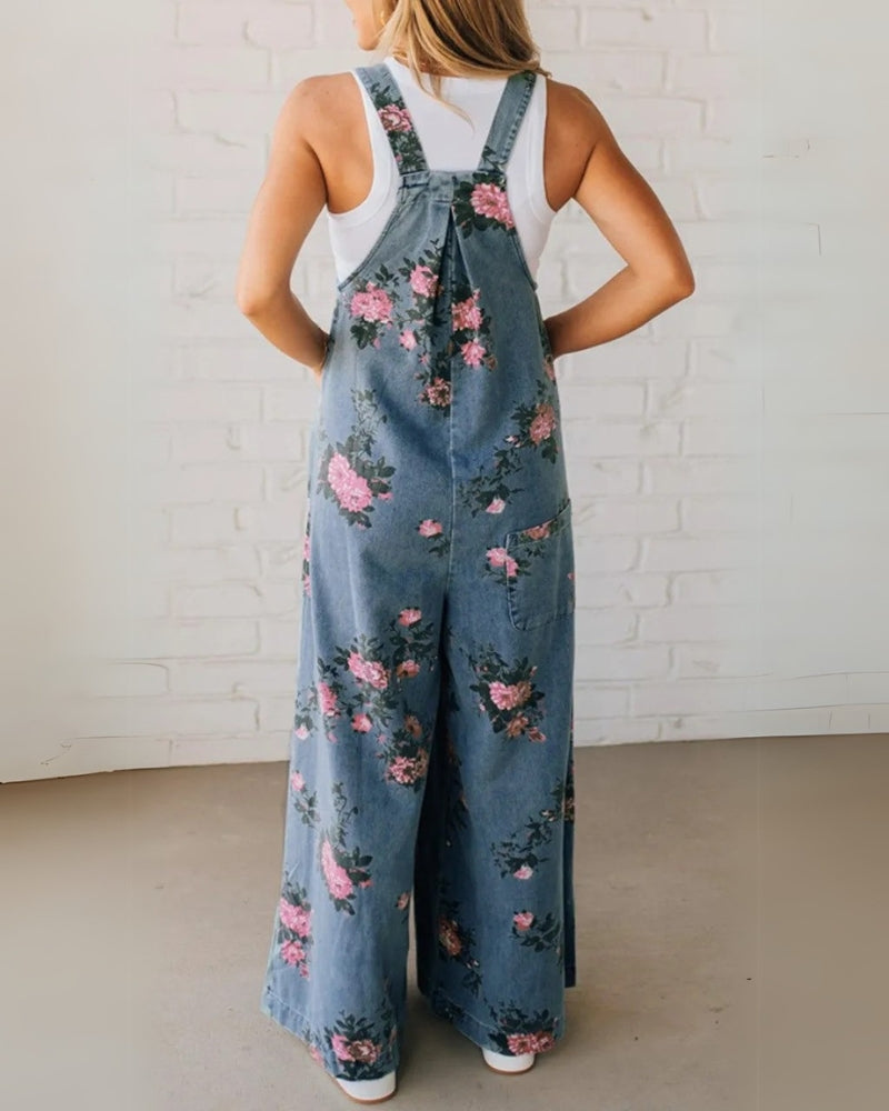 Quinnlyn - Casual Floral Printed Denim Overall