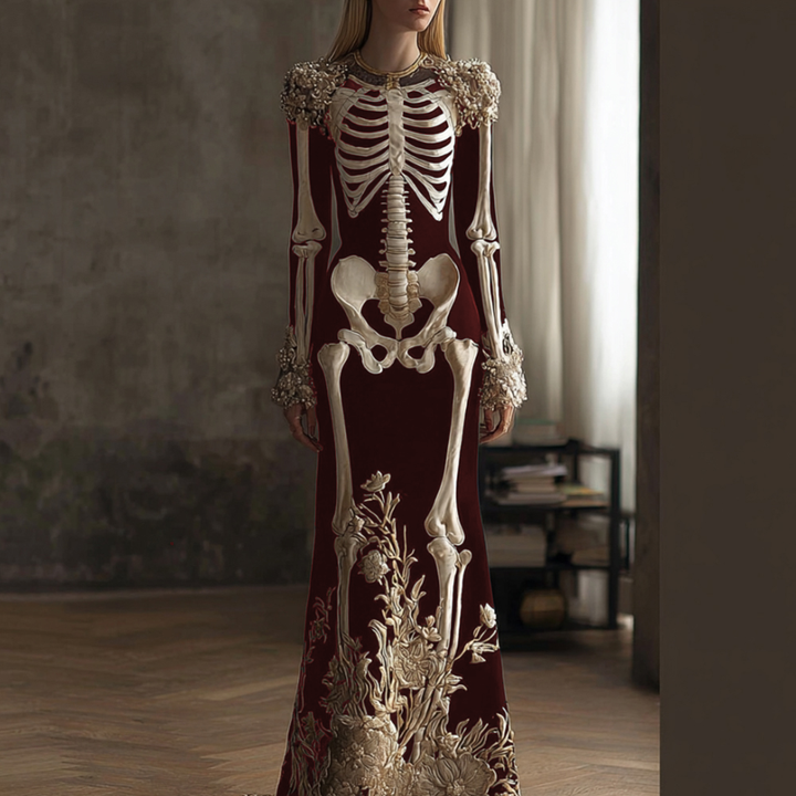 Women's Halloween Retro Anatomy Art And Flower Gothic Velvet Long Dress