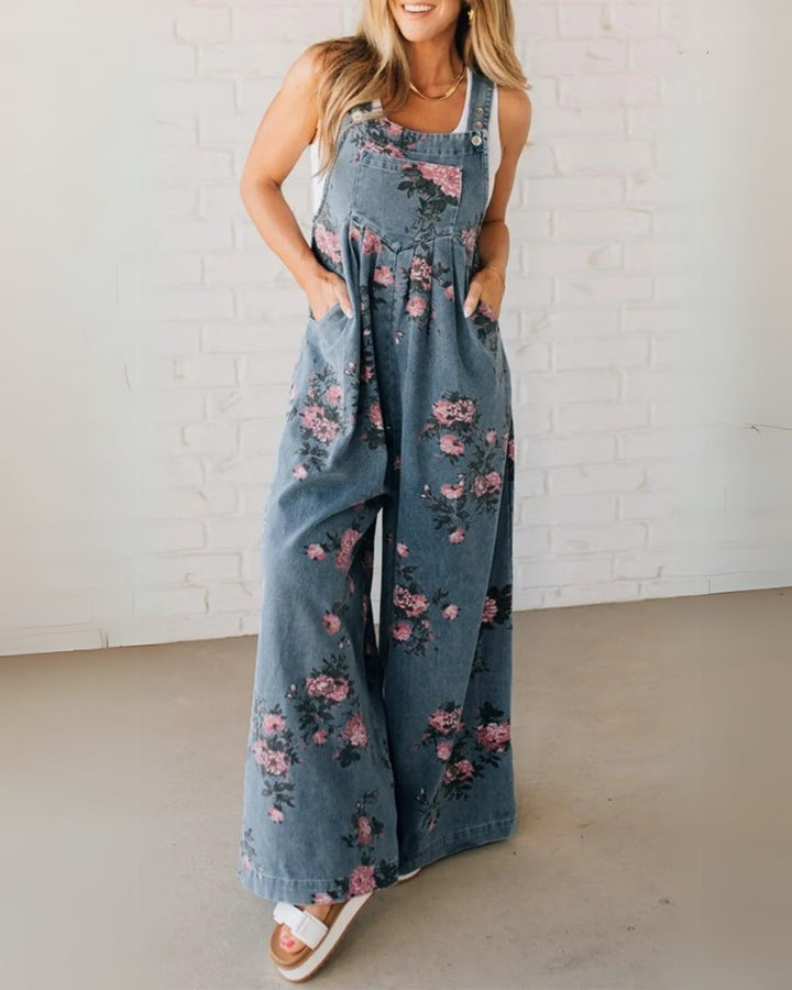 Quinnlyn - Casual Floral Printed Denim Overall