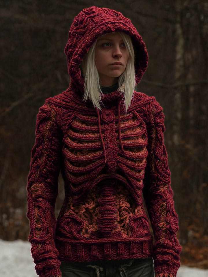 Women's Vintage White Skeleton Color Block Art Cozy Hooded Sweater