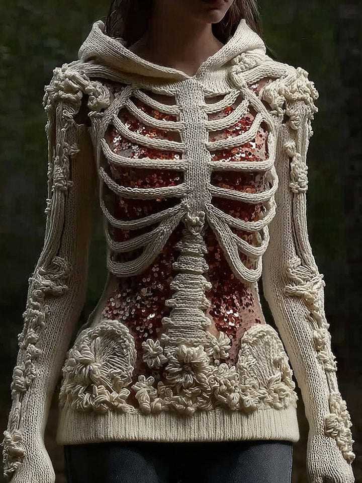 Halloween Skull Floral Knitted Warm Hooded Sweater