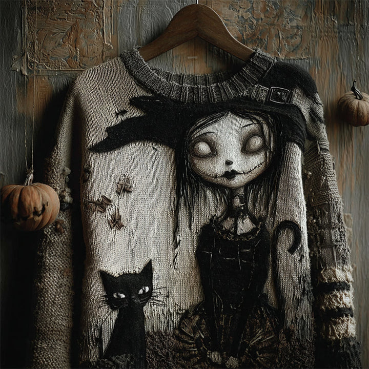 Halloween Gothic Witch Girl & Black Cat Knit Art Cozy Sweater