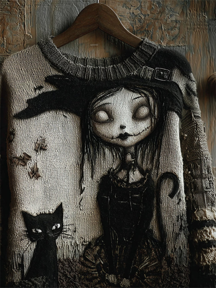 Halloween Gothic Witch Girl & Black Cat Knit Art Cozy Sweater