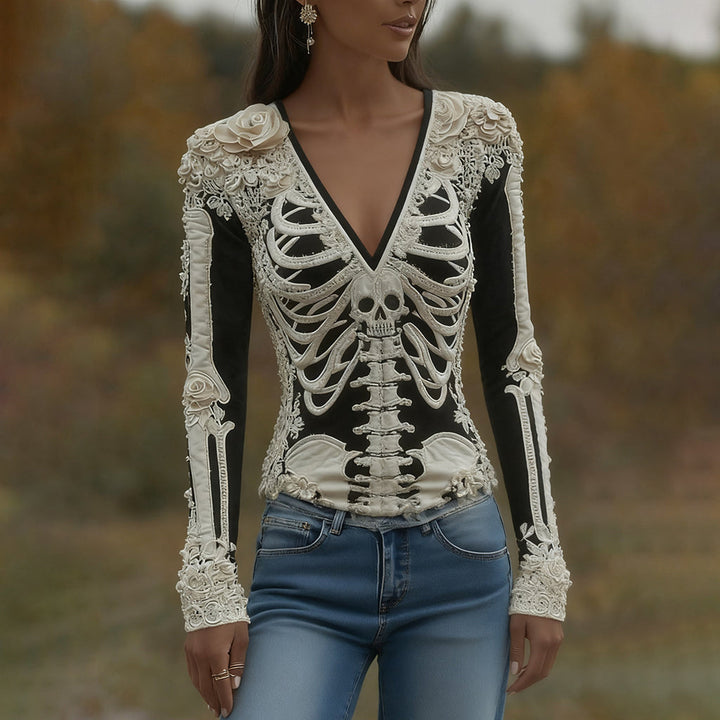 Women's Halloween Skeleton Bones With Roses And Skull Art Casual Long Sleeve V Neck T-shirt