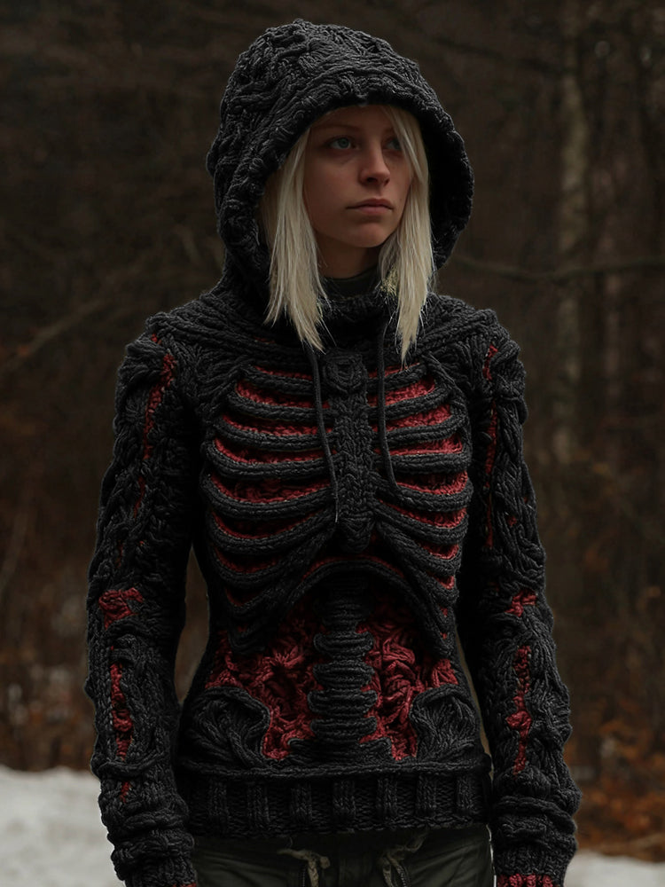 Women's Vintage White Skeleton Color Block Art Cozy Hooded Sweater