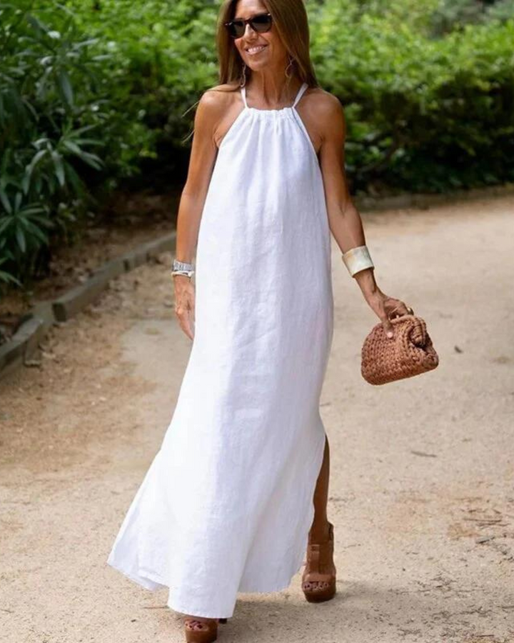 Eliza - Women’s Halter Slit Cotton Linen Maxi Dress