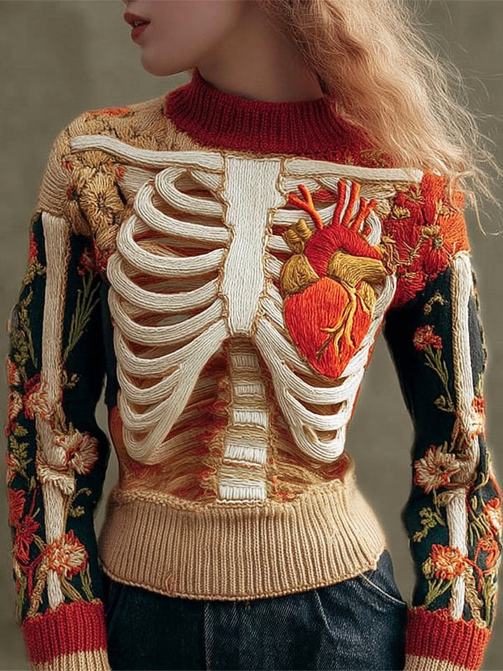 3d Human Skeleton & Floral Art Women's Knit Crew Neck Sweater