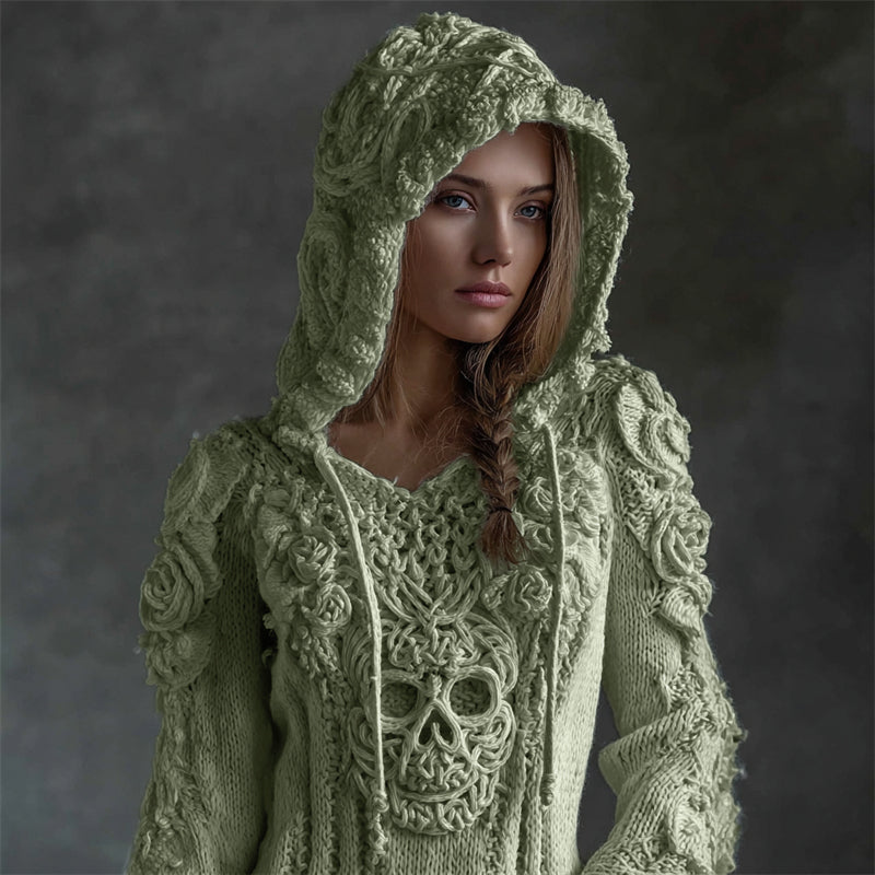 Vintage White Roses Viking Celtic Skull Hooded Cozy Knit Sweater