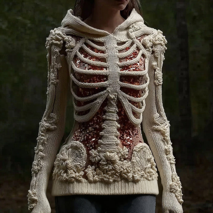 Halloween Skull Floral Knitted Warm Hooded Sweater