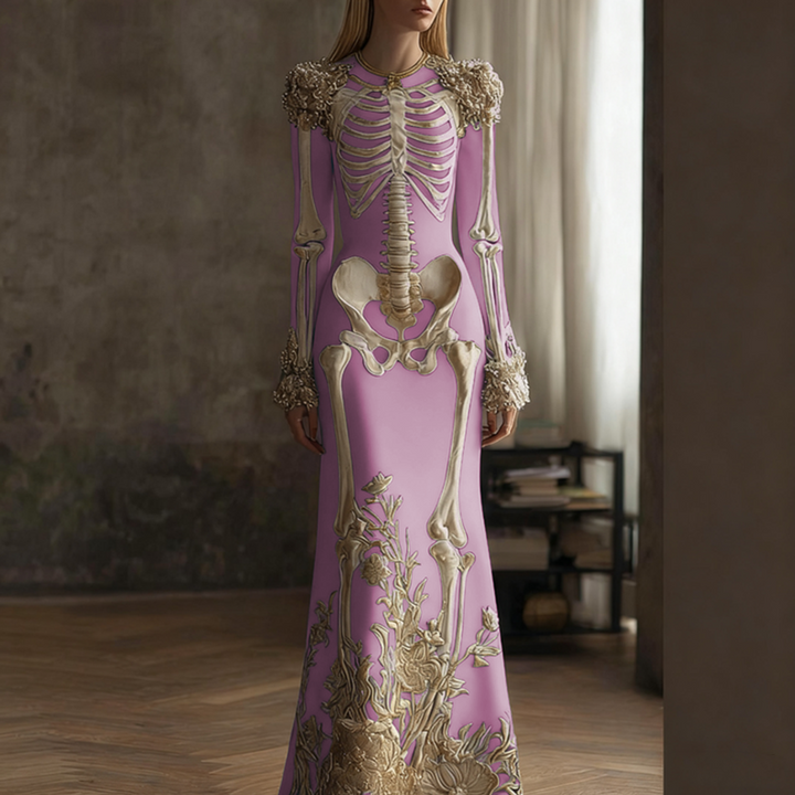 Women's Halloween Retro Anatomy Art And Flower Gothic Velvet Long Dress