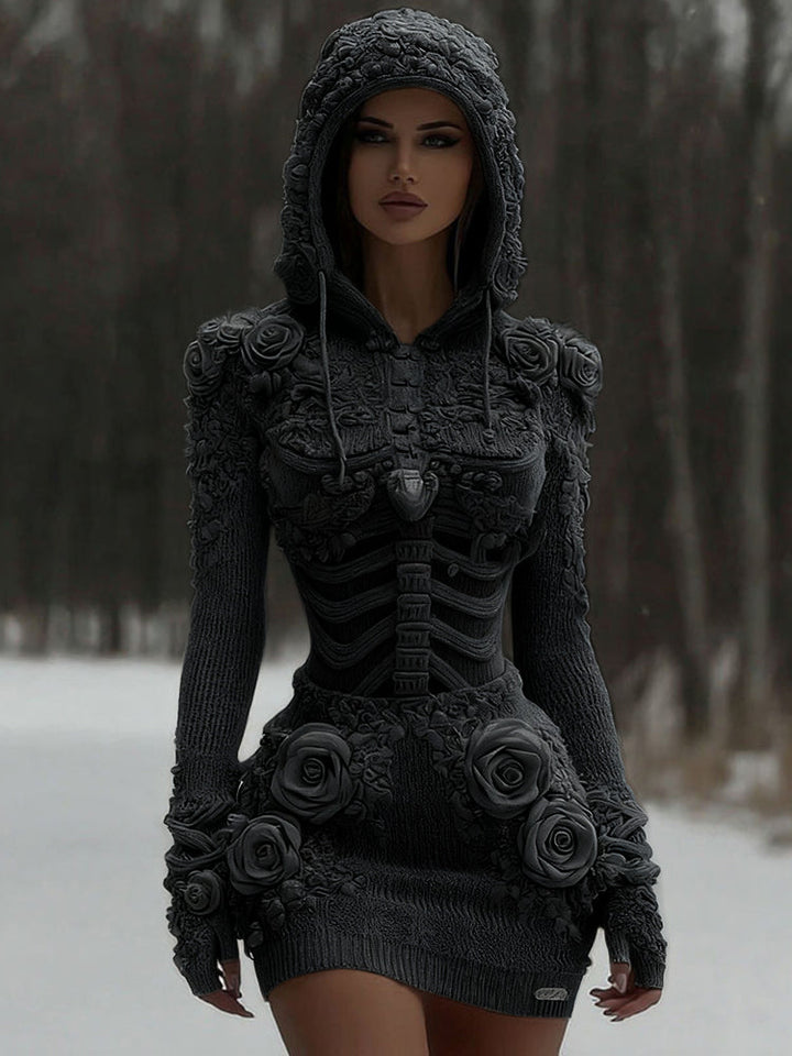 Women's Vintage White Rose And Skull Patchwork Knit Hooded Sweater