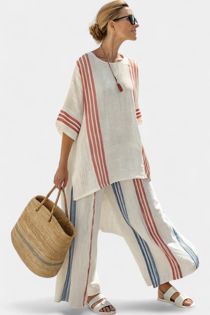 Elena - Ethnic Bamboo Linen Set with Stripes and Wide Cut