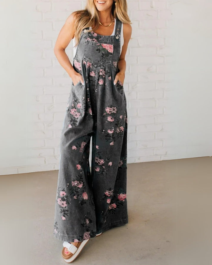 Quinnlyn - Casual Floral Printed Denim Overall