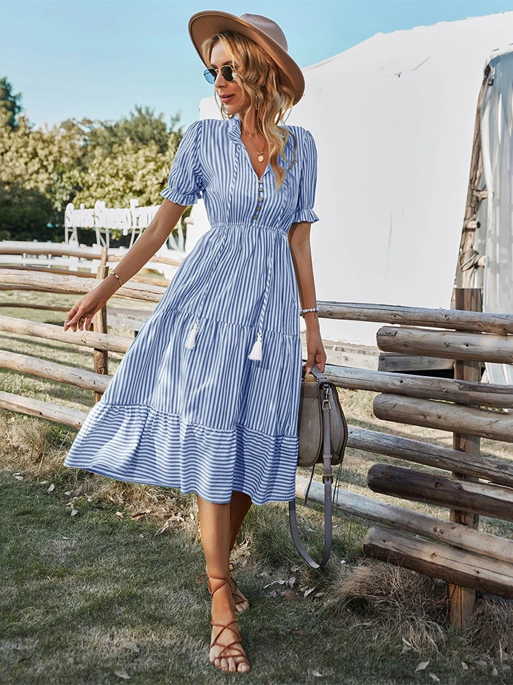 Jada - Striped Tassel V-Neck Dress