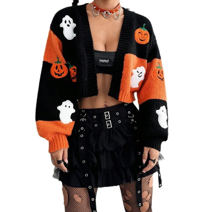 Ghost & Pumpkin Pattern Halloween Cardigan