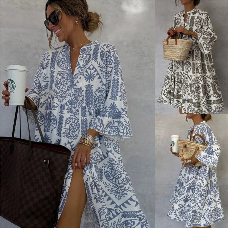 Unity - Printed V-Neck A-Line Skirt Dress