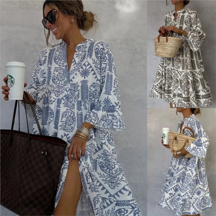 Unity - Printed V-Neck A-Line Skirt Dress