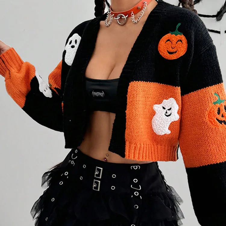 Ghost & Pumpkin Pattern Halloween Cardigan