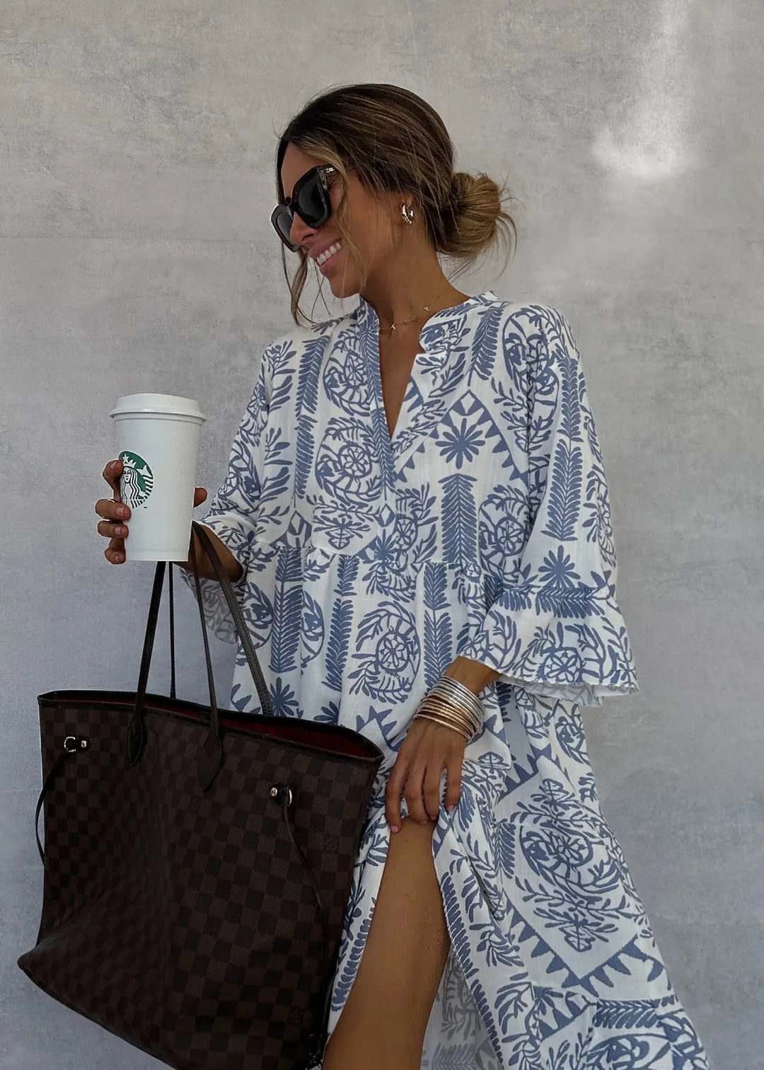 Unity - Printed V-Neck A-Line Skirt Dress