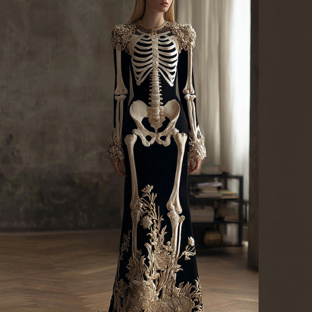 Women's Halloween Retro Anatomy Art And Flower Gothic Velvet Long Dress