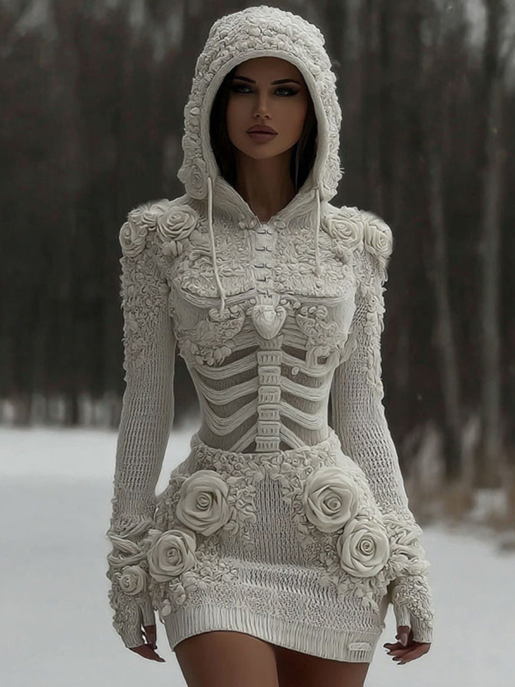 Women's Vintage White Rose And Skull Patchwork Knit Hooded Sweater