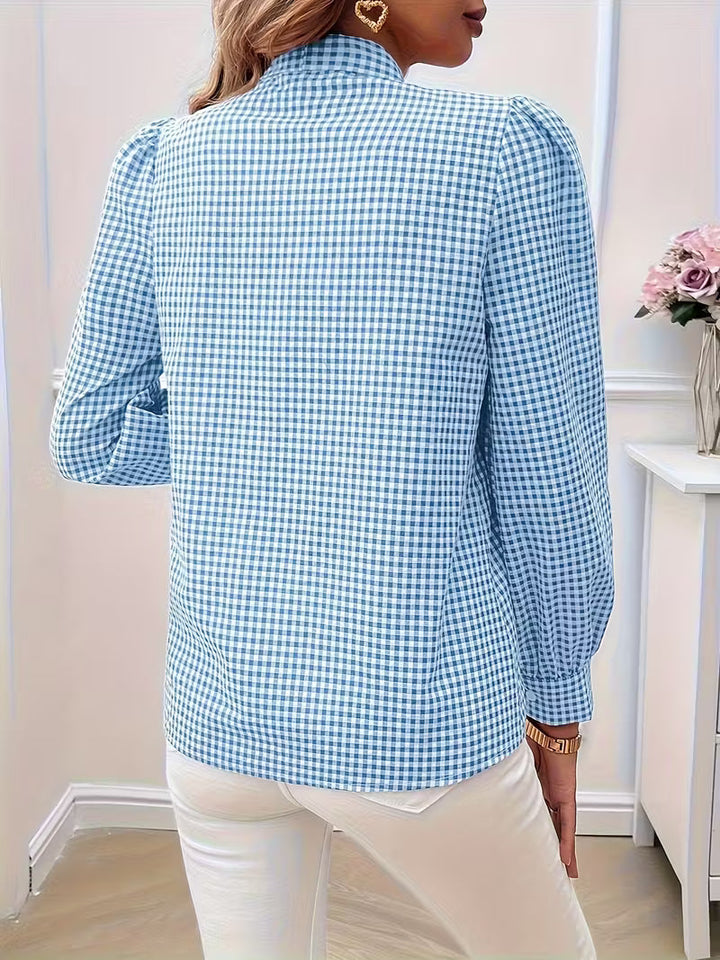 Meella - Elegant Gingham Check Bow Tie Blouse