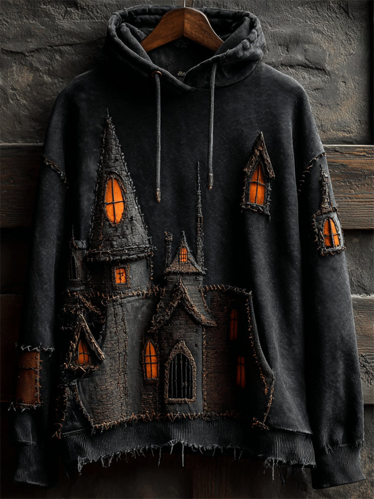 Halloween Spooky Castle Stitched Washed Hoodie