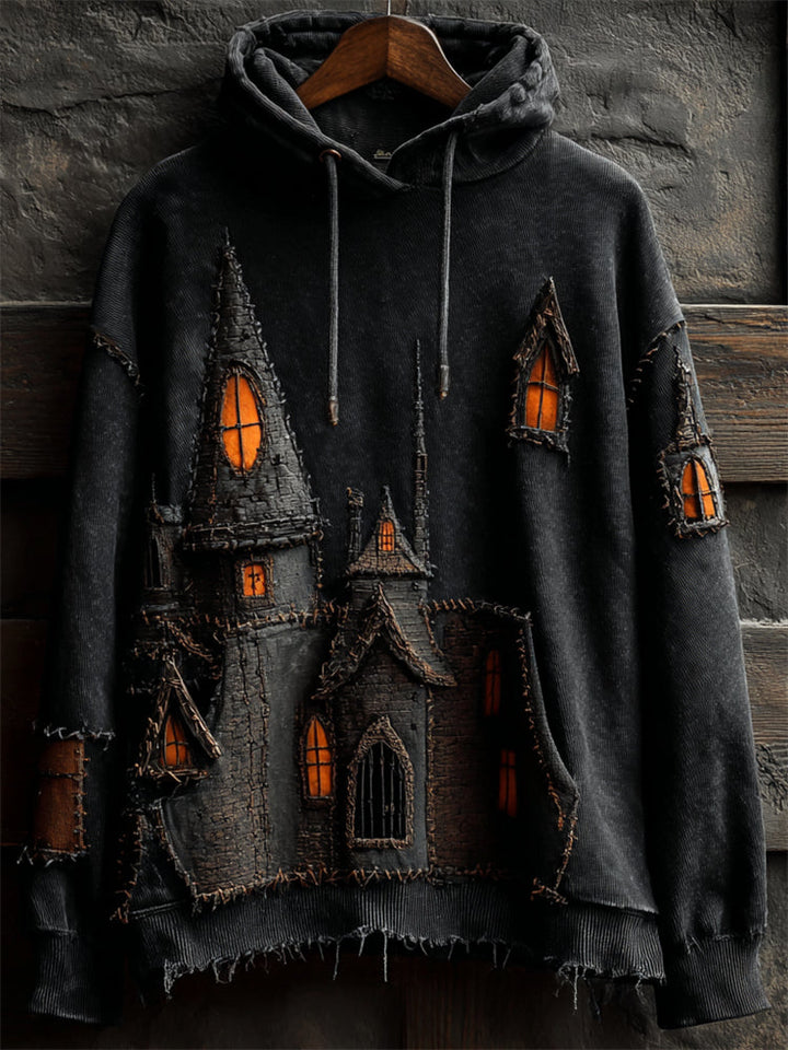 Halloween Spooky Castle Stitched Washed Hoodie