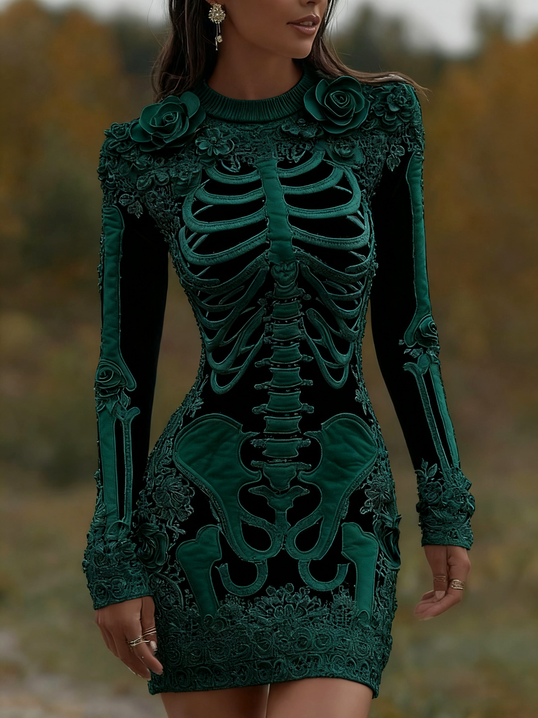 Women's Vintage Halloween Skeleton Bones With Rose Artcozy Knit Mini Sweater Dress