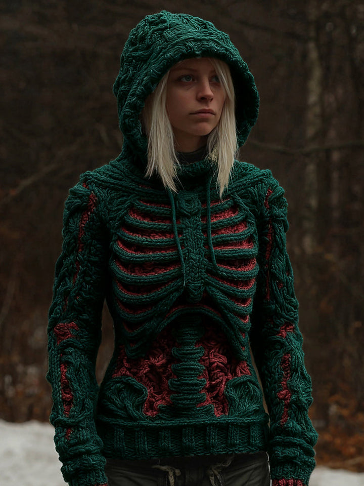 Women's Vintage White Skeleton Color Block Art Cozy Hooded Sweater