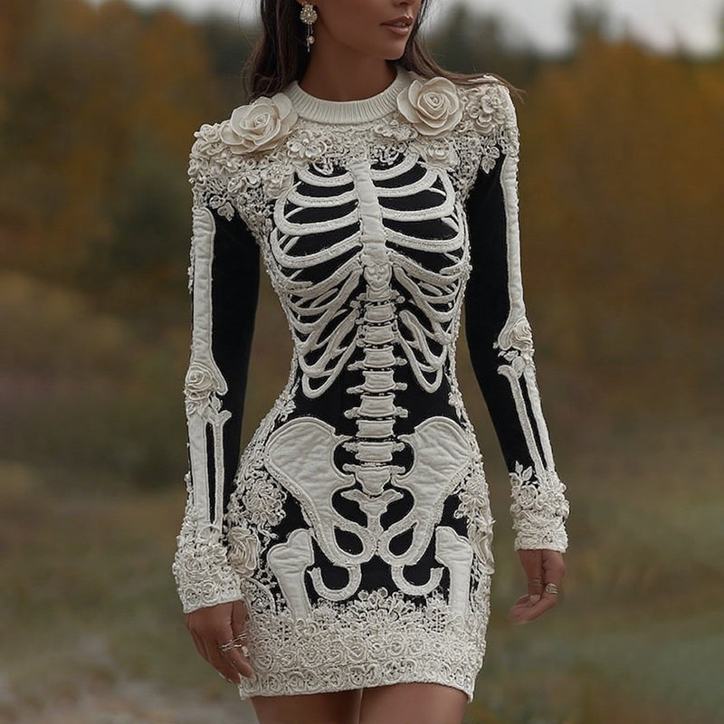 Women's Vintage Halloween Skeleton Bones With Rose Artcozy Knit Mini Sweater Dress