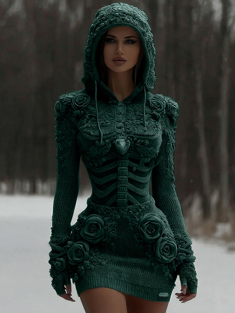 Women's Vintage White Rose And Skull Patchwork Knit Hooded Sweater